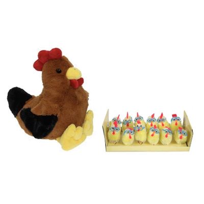 Pluche bruine kippen/hanen knuffel van 25 cm met 12x stuks mini kuikentjes met brilletje 4,5 cm
