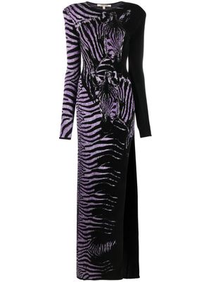 Roberto Cavalli robe longue fendue à motif zébré en jacquard - Noir