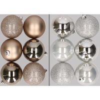 12x stuks kunststof kerstballen mix van champagne en zilver 8 cm   -