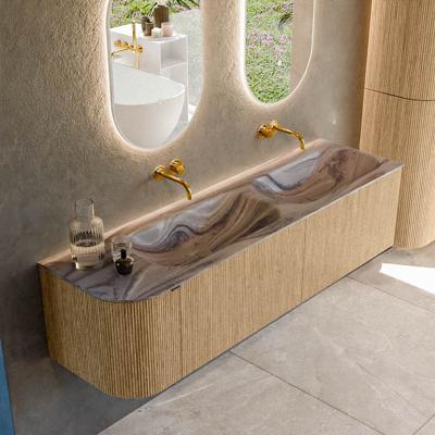 Badmeubel Mondiaz Kurve-Dlux | 165 cm | Meubelkleur Oak | Wastafelkleur Sombra | Solid surface | Dubbel / Rechts spoelbak | Zonder kraangat(en)
