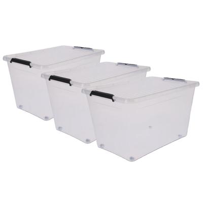 5Five opberg kist met deksel - 3x - Clip Box - 60 liter - 58 x 39 x 35 cm - kunststof - transparant