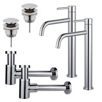 Fortifura Calvi Slim Wastafelkraanset - voor dubbele wastafel - verhoogde wastafelkraan - klikwaste plug - verlaagde design sifon - Chroom 2x SW377813/2x SW696203/2x SW696219