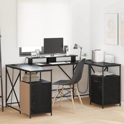 Bureau met lade Zwart eiken 182 x 101 x 87.5 cm Bewerkt hout