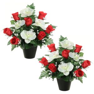 Kunstbloemen plantje in pot - 2x - wit/rood - 28 cm - Bloemstuk ornament - rood/bladgroen