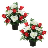 Kunstbloemen plantje in pot - 2x - wit/rood - 28 cm - Bloemstuk ornament - rood/bladgroen - thumbnail