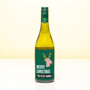 Kerst wijnfles Merry Christmas you filthy animal - Wit (Sauvignon Blanc)