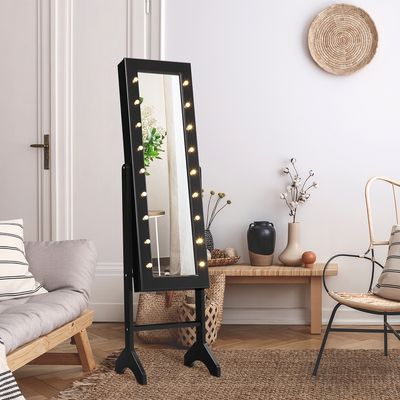 18 LED-Sieradenkast Kantelbaar Verstelbaar Staand Ontwerp Sieradenplank met Volledige Spiegel 35×31,5 x 145cm Zwart