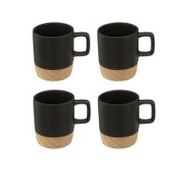 Set van 4x koffiekopjes/espressokopjes aardewerk zwart 120 ml bamboe onderzetter