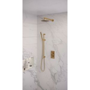 Regendoucheset Inbouw Brauer Gold Edition Thermostatisch 20 cm met 3-Weg Omstelling, Wandarm, Glijstang en Staaf Handdouche Geborsteld Goud Brauer