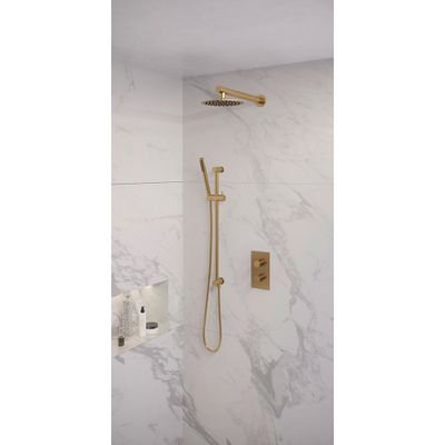 Regendoucheset Inbouw Brauer Gold Edition Thermostatisch 20 cm met 3-Weg Omstelling, Wandarm, Glijstang en Staaf Handdouche Geborsteld Goud Brauer