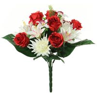 Kunstbloemen boeket roos/orchidee/chrysant - rood/wit - H36 cm - Bloemstuk - Bladgroen - thumbnail