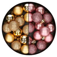 28x stuks kleine kunststof kerstballen velvet roze en goud 3 cm - thumbnail