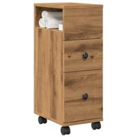 Badkamerkast smal met wielen bewerkt hout artisanaal eiken Badkamerkast smal met wielen bewerkt hout artisanaal eiken