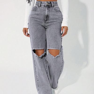 Petite High Waist Straight Leg Mom Jeans - Dark Wash Distressed Denim Light Grey-3 / Petite L