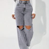 Petite High Waist Straight Leg Mom Jeans - Dark Wash Distressed Denim Light Grey-3 / Petite L