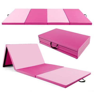 4-Laags Opvouwbare Turnmat met Handgrepen kunstleeren Mat met Klittenband voor Gymnastiek Yoga MMA Basistraining Roze