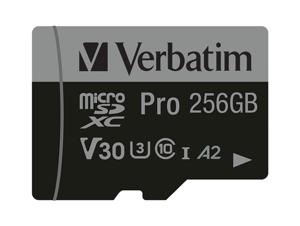 Verbatim Pro microSDXC-kaart 256 GB UHS-Class 3 4K-video-ondersteuning, A2-vermogensstandaard, Incl. SD-adapter, Schokbestendig, Waterdicht