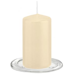 Trend Candles - Stompkaarsen met glazen onderzetters set van 2x stuks - creme wit 6 x 12 cm