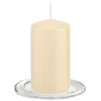 Trend Candles - Stompkaarsen met glazen onderzetters set van 2x stuks - creme wit 6 x 12 cm