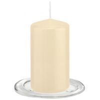 Trend Candles - Stompkaarsen met glazen onderzetters set van 2x stuks - creme wit 6 x 12 cm