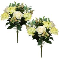 Kunstbloemen boeket rozen met bladgroen - 2x - creme wit/geel - H52 cm - Bloemstuk