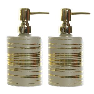 2x stuks zeeppompjes/zeepdispensers beige met gouden strepen van glas 450 ml