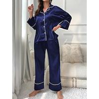 Dames Pyjama Sets Heldere kleur Modieus Comfortabel Huis Dagelijks Bed Faux Zijde Ademend Revers Lange mouw Overhemd Pantalon nappi Zak Herfst Zwart Champagne Lightinthebox