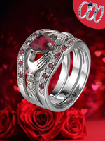 3Ps Silver Heart Holding Hand Pattern Full Diamond Ring Set Valentine's Day Gift Jewelry - thumbnail