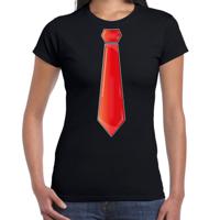 Verkleed t-shirt voor dames - stropdas rood - zwart - carnaval - foute party - verkleedshirt - thumbnail