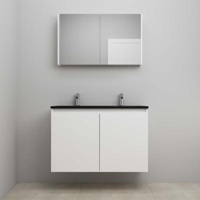 On-Line Badkamermeubelset - 100 cm - Bouwpakket - Greeploze Ladestructuur - Acryl Wastafel - 2 Kraangaten - Spiegelkast - Mat Wit