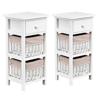 (2 Stuks) Nachtkastje met Lade en 2 Opbergmanden Bijzettafel Rieten Dressoir Mand Commode Ladeblok Wit
