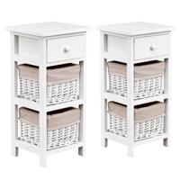 (2 Stuks) Nachtkastje met Lade en 2 Opbergmanden Bijzettafel Rieten Dressoir Mand Commode Ladeblok Wit