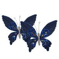 Decoratie vlinders op clip - 2x stuks - donkerblauw - 15 cm - kunststof