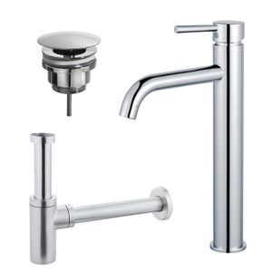 Fortifura Calvi Wastafelkraanset - verhoogde wastafelkraan - always open plug - design sifon - Chroom SW377811/SW696209/SW696214