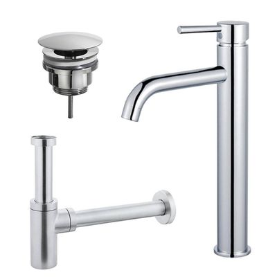 Fortifura Calvi Wastafelkraanset - verhoogde wastafelkraan - always open plug - design sifon - Chroom SW377811/SW696209/SW696214