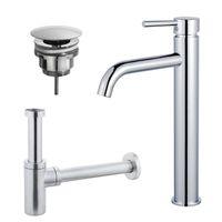 Fortifura Calvi Wastafelkraanset - verhoogde wastafelkraan - always open plug - design sifon - Chroom SW377811/SW696209/SW696214