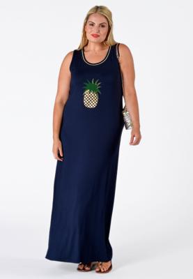Yoek Maxi jurk met ananas | Blauw | Maat XL