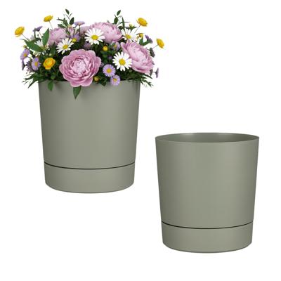 Mica Decorations Bloempot Coco - 2x - met onderschaal - olijfgroen - H24 x D23 cm - kunststof