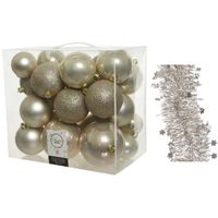 Kerstversiering kerstballen 6-8-10 cm met sterren folieslingers pakket parel/champagne van 28x stuks - thumbnail