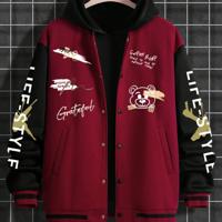 Bon&Bon Men's Cartoon Bear Print Bomber Jacket | Black Casual Coat Burgundy / XXL