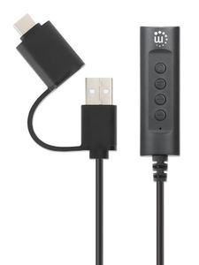 Manhattan USB-kabel Jackplug-bus 3,5 mm, USB-A stekker, USB-C stekker 1 m Zwart Met volumeregeling 153560