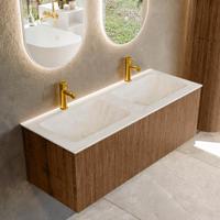 Badmeubel Mondiaz Kurve-Dlux | 120 cm | Meubelkleur Walnut | Wastafelkleur Opalo | Solid surface | Dubbele spoelbak | 2 kraangaten