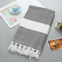 Gestreepte katoenen badhanddoek met kwastjes dunne reizen camping Bad sauna strand Gym zwembad deken absorberend Easy Care (zwart)