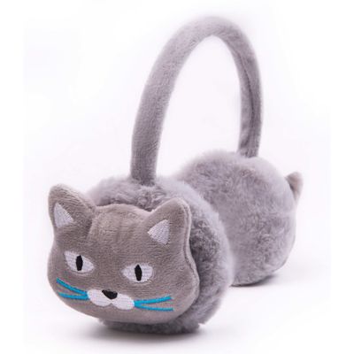 Grijze pluche katten/poezen/dieren oorwarmers voor kinderen - Grijze pluche katten/poezen/dieren oorwarmers voor kinderen -