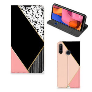 Samsung Galaxy A20s Stand Case Zwart Roze Vormen