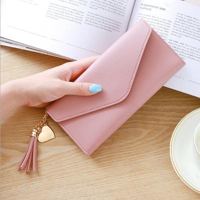 Lange portefeuille vrouwen portemonnees kwast mode Coin Purse kaarthouder portefeuilles vrouwelijke koppeling PU lederen portemonnee (roze)