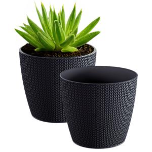 Plantenpot/Bloempot - 2x - antraciet - geribbeld - D16 x H14 cm - kunststof - binnen/buiten