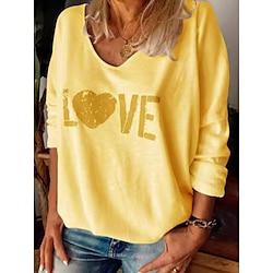 Dames T-shirt Liefde Afdrukken Dagelijks Weekend Modieus Lange mouw V-hals Wit Lente Herfst Lightinthebox