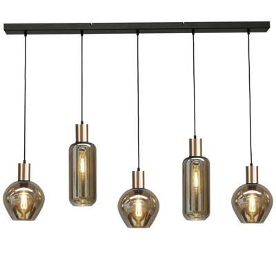 Masterlight Hanglamp zwart met goudBounty 5-lichts curiosa glas - 2471-05-02-130-5-35