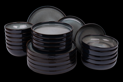 24 delige serviesset - 6 persoons - Porto - blauw met groen - rechtopstaande rand - Portugees stoneware
